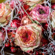 Christmas balls and roses - close up