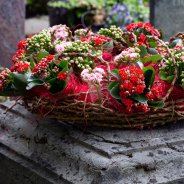 Red with pink Kalanchoe memorial wreath
