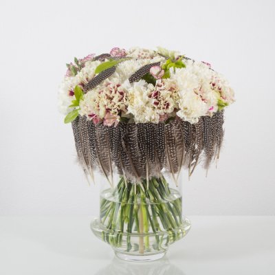 Feathered spring bouquet with Dianthus