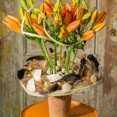 Orange Easter arrangement with Sunderland lilies