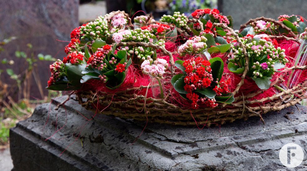 Red with pink Kalanchoe memorial wreath