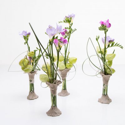 Clay vases with purple Freesias