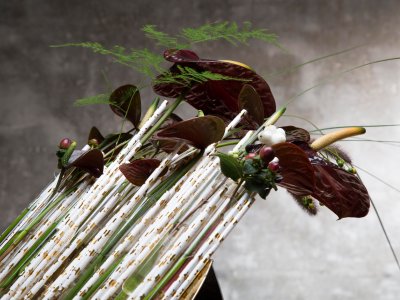 Christmas flower arrangement with Anthuriums - close up