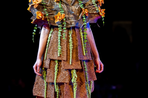Dress with woods and guinea-fowl feathers - total
